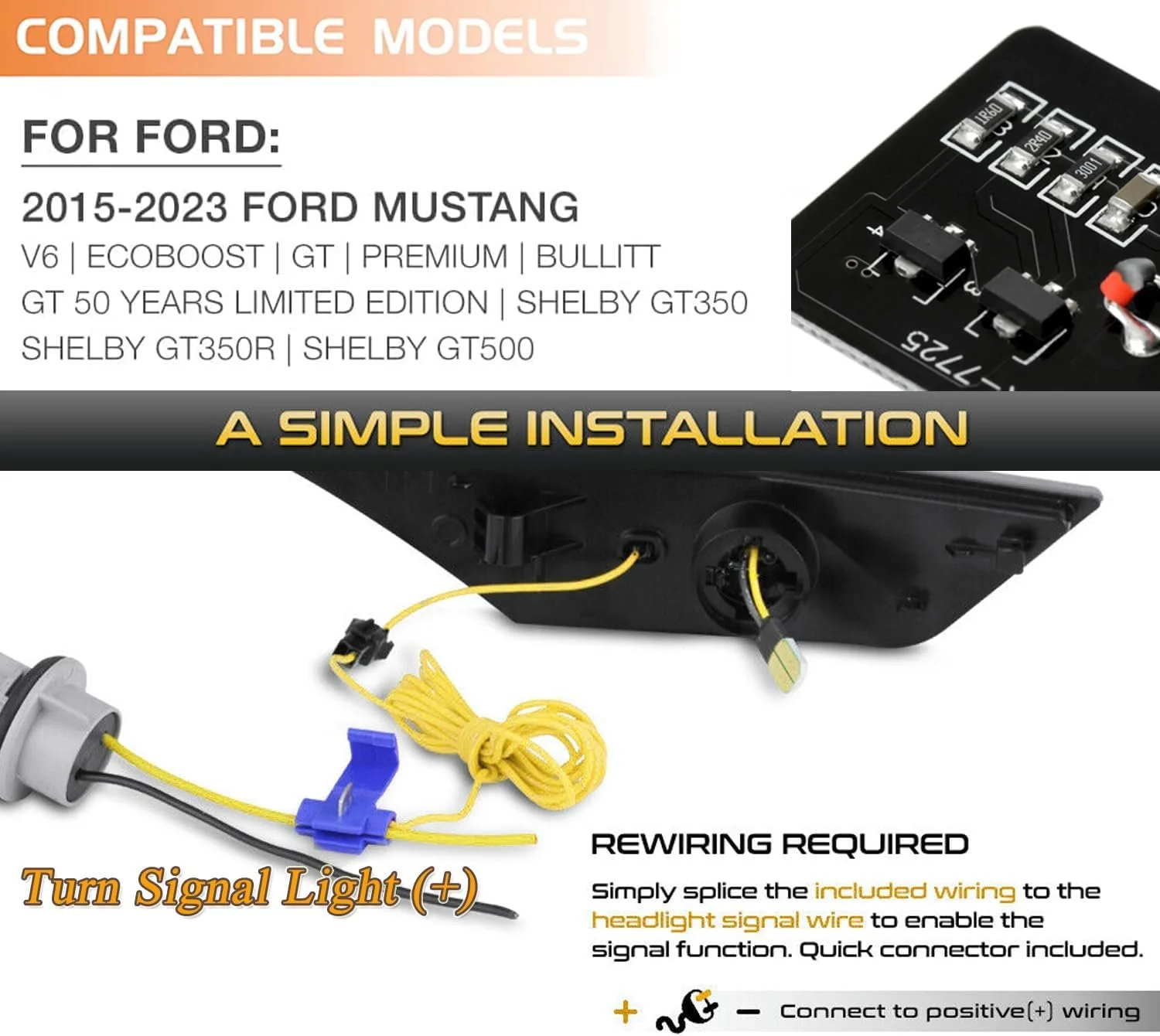 2015-2017 Ford Mustang Smoked Clear Sequential Switchback LED Side Marker Lights - Image 7