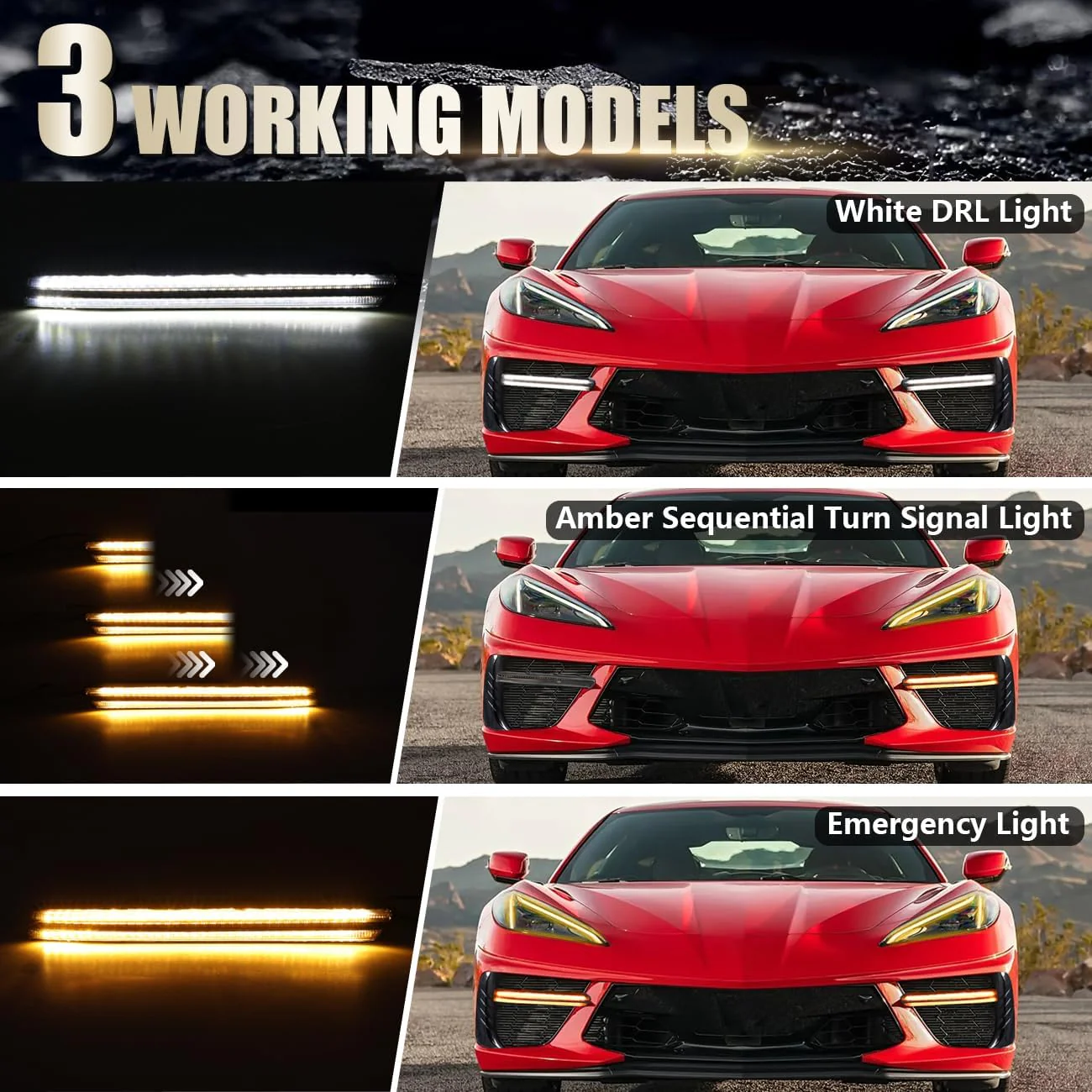 2020+ Chevy C8 Corvette Sequential Switchback LED DRL Grill Accent Bumper Lights - Image 3